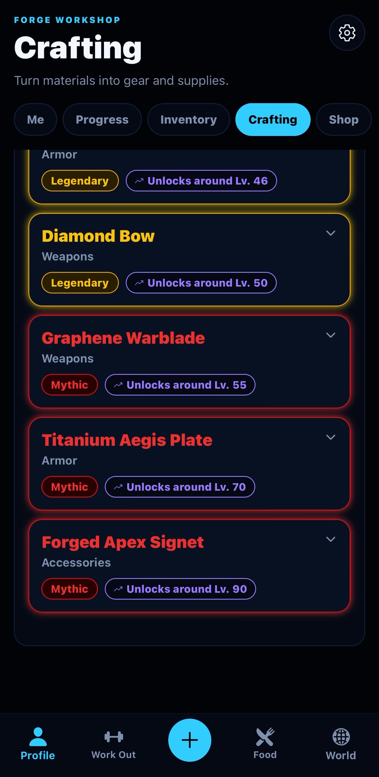 FitBound app Crafting screen showing Legendary and Mythic gear recipes like Diamond Bow and Graphene Warblade with named rarity labels and unlock levels