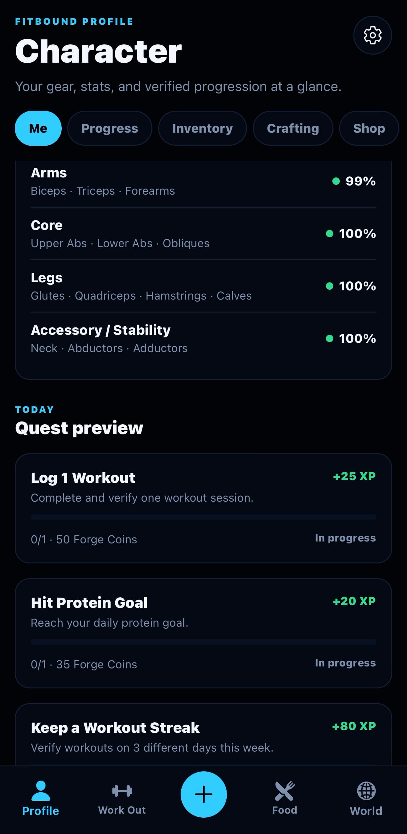 FitBound app quest preview showing daily quests like Log 1 Workout and Hit Protein Goal with XP and Forge Coin rewards
