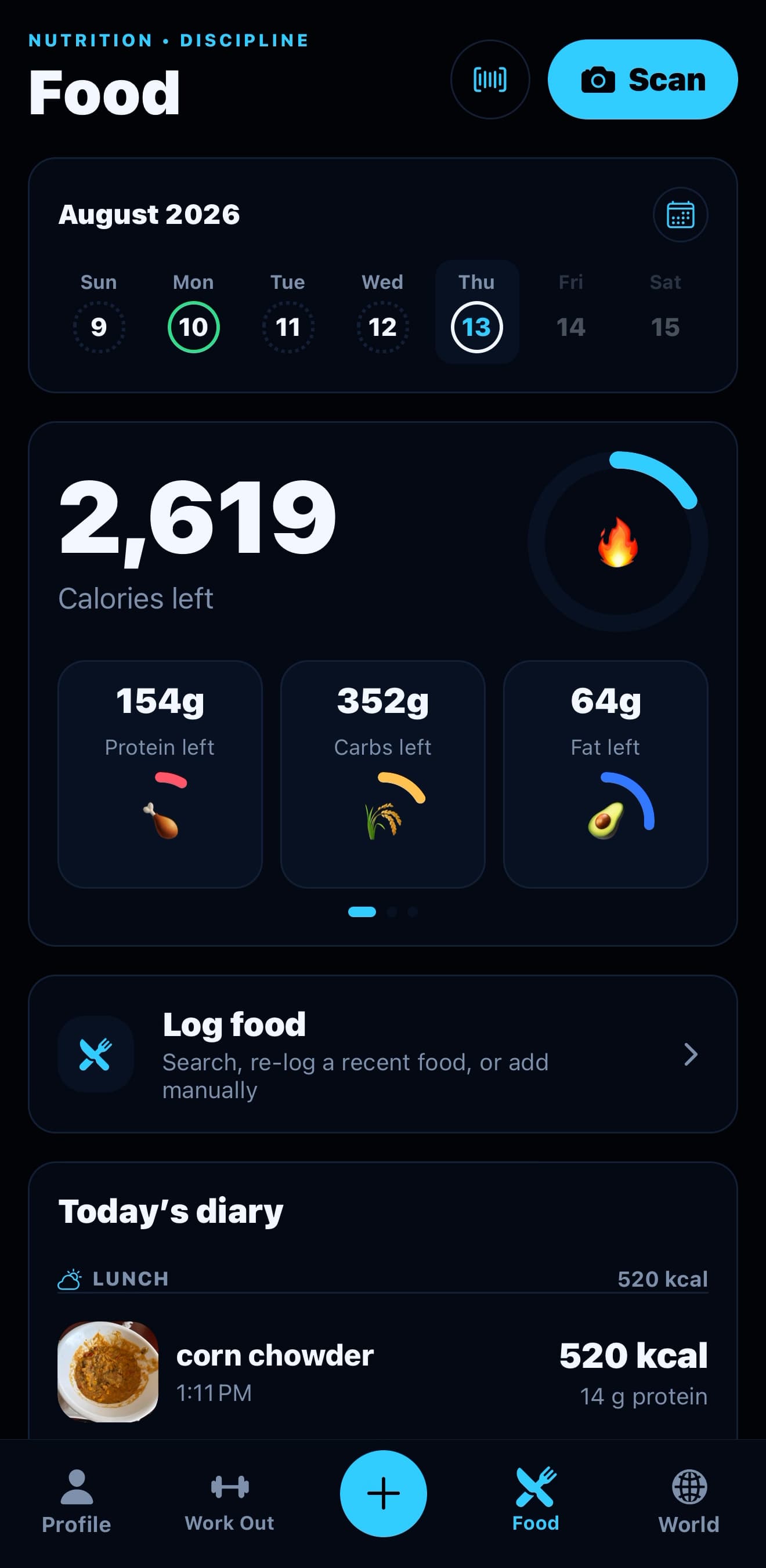 FitBound app Food screen showing a week calendar, calories and macros remaining, a log-food entry point, and today's diary