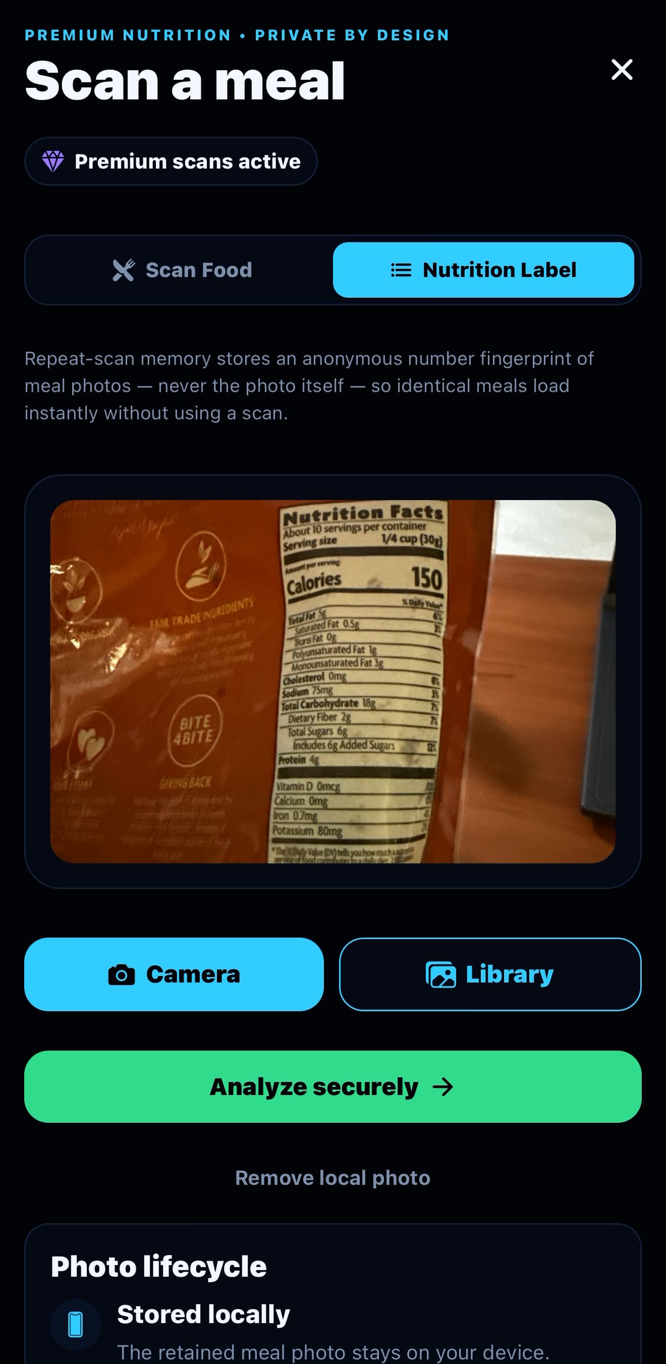 FitBound app Scan a Meal screen in Nutrition Label mode showing a photographed nutrition facts panel ready to analyze