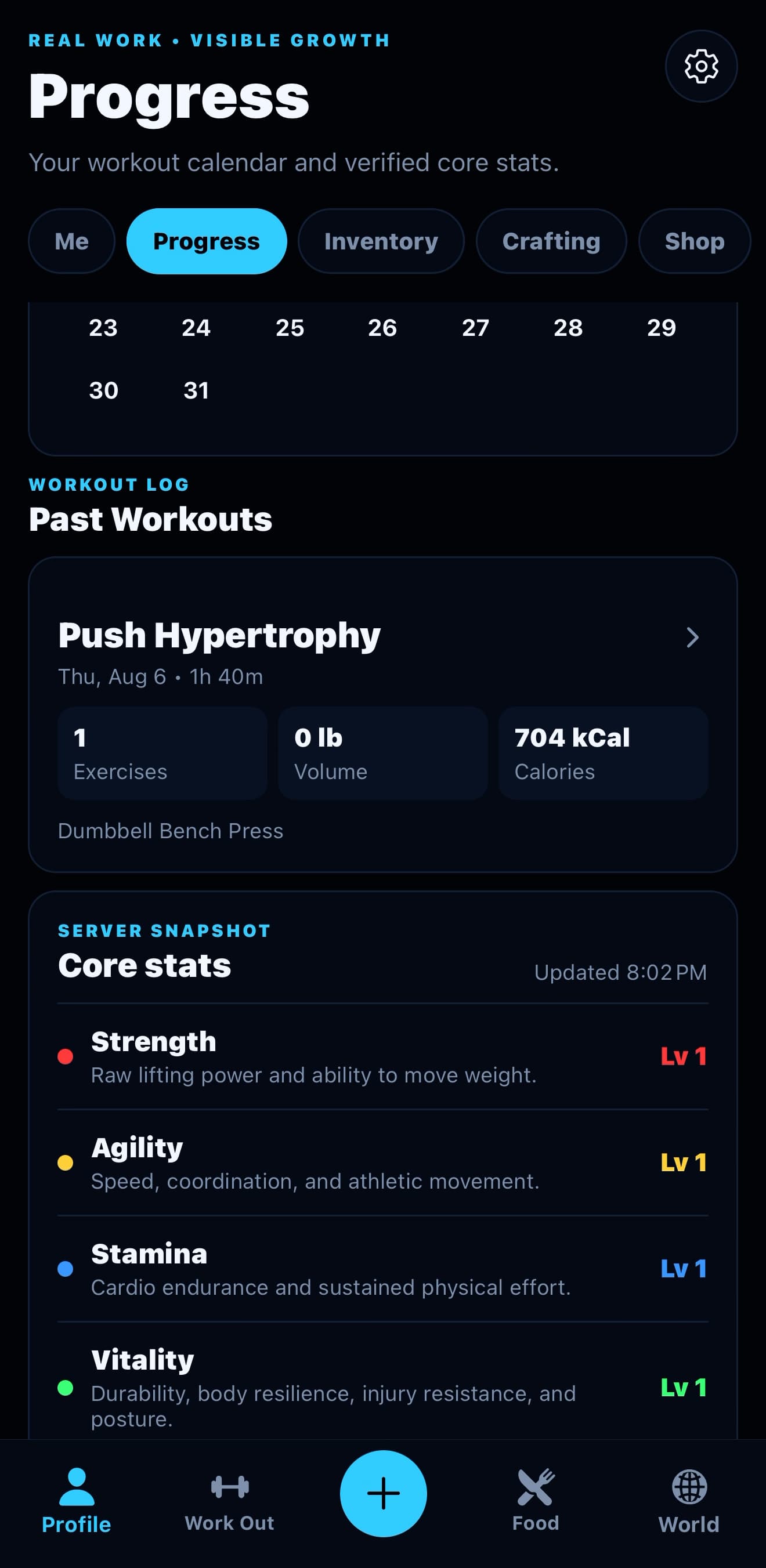 FitBound app Progress screen showing a workout calendar, a logged Push Hypertrophy session, and a server-verified core stats snapshot