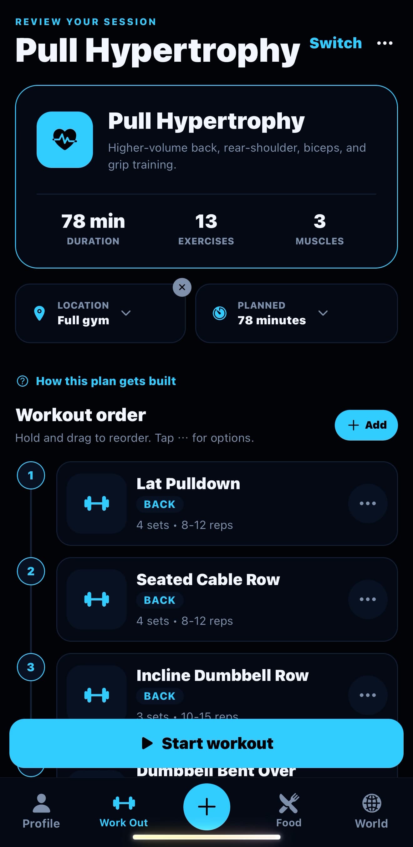FitBound app workout plan screen showing a Pull Hypertrophy session with duration, exercise list, and a Start workout button