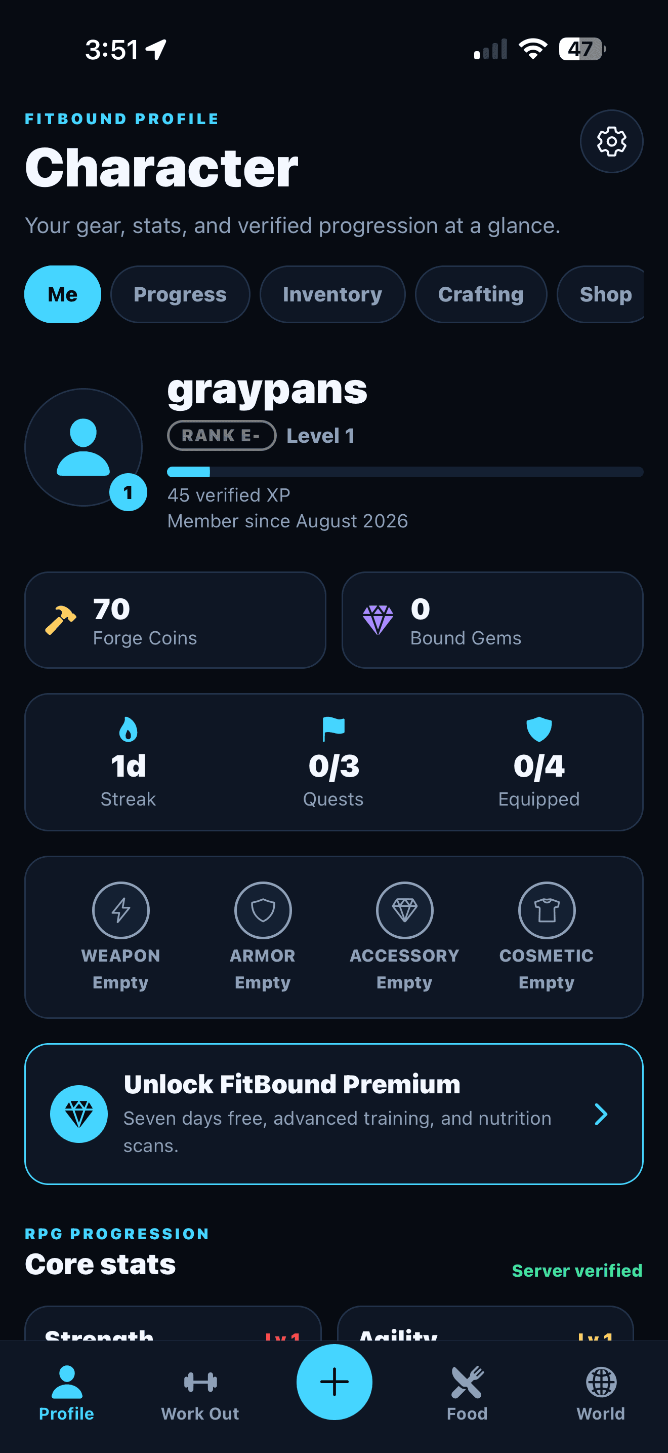 FitBound app Character screen showing level, verified XP, Forge Coins, streak, and equipment slots