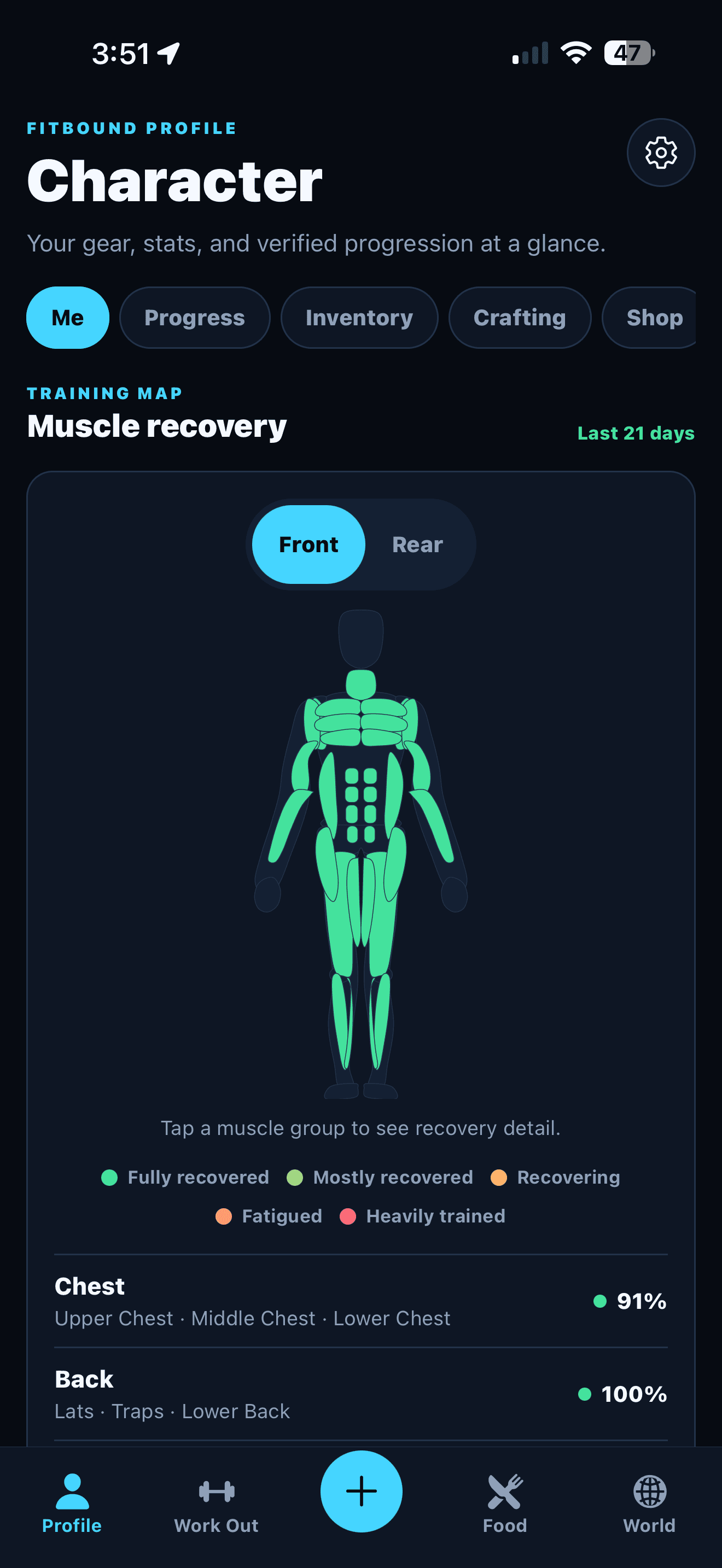 FitBound app Muscle Recovery screen showing a front-body diagram with recovery percentages by region