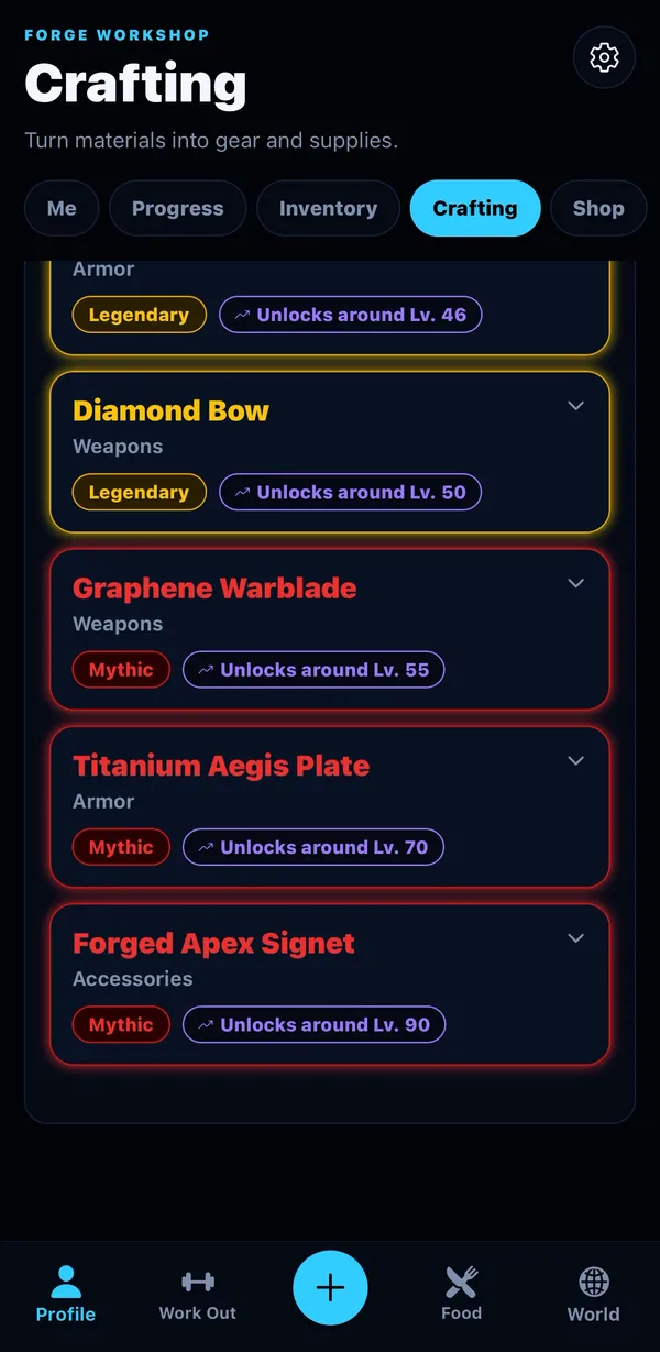 FitBound app Crafting screen showing Legendary and Mythic gear recipes like Diamond Bow and Graphene Warblade with named rarity labels and unlock levels
