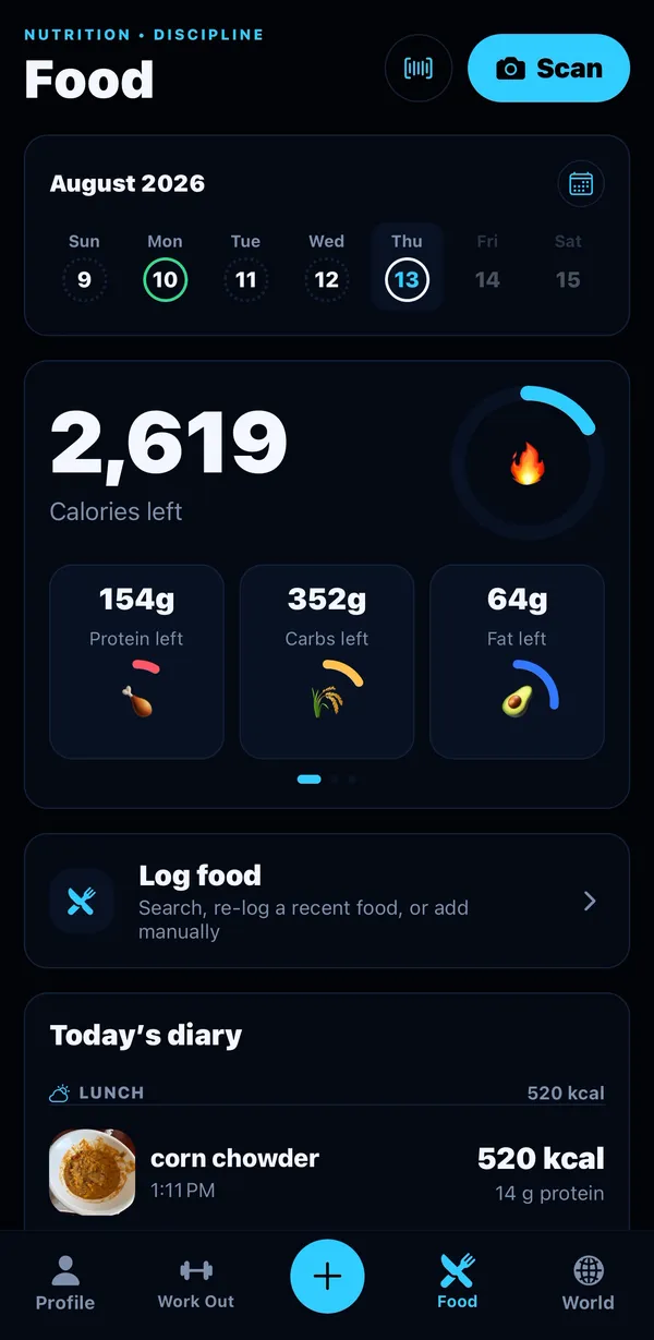 FitBound app Food screen showing a week calendar, calories and macros remaining, a log-food entry point, and today's diary